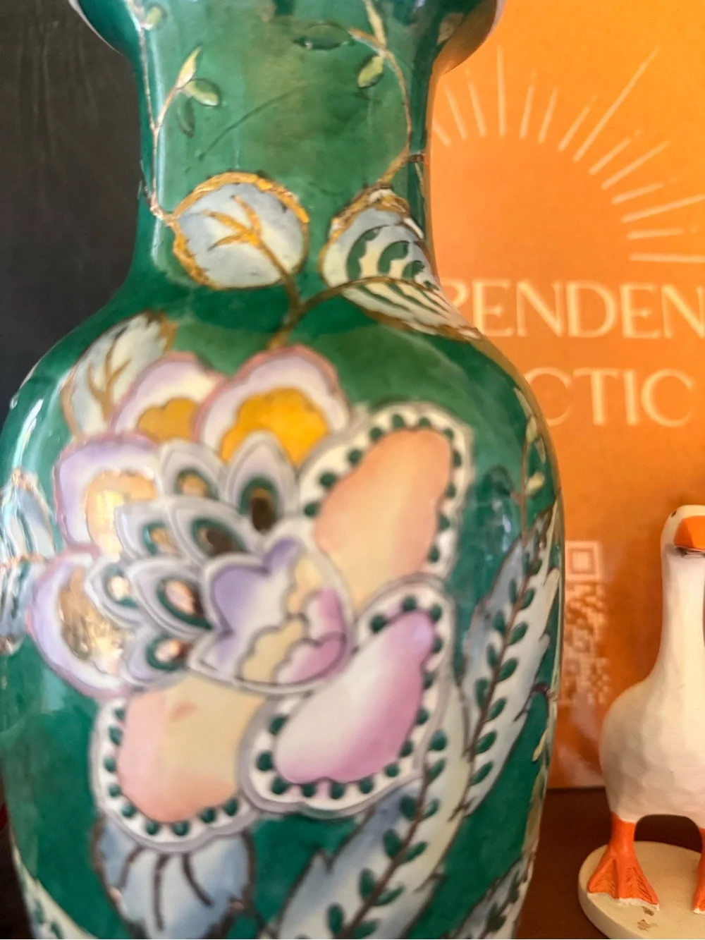 Vintage Green Floral Ceramic Vase - Home Accents